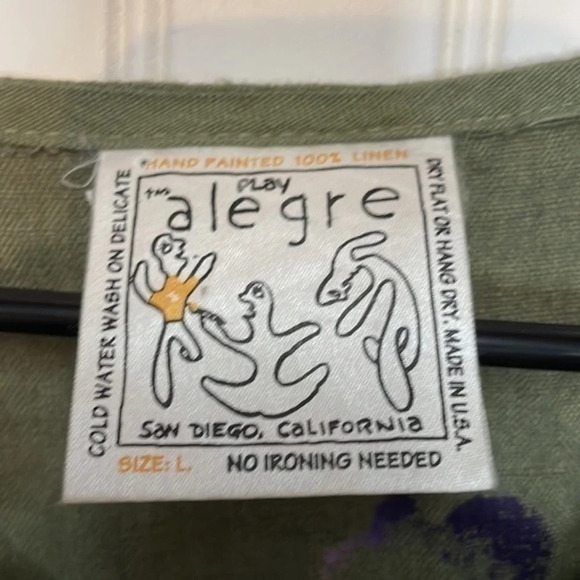 Vintage Play Alegre Hand Painted Green 100% Linen Dress Large (L) - Picture 7 of 7